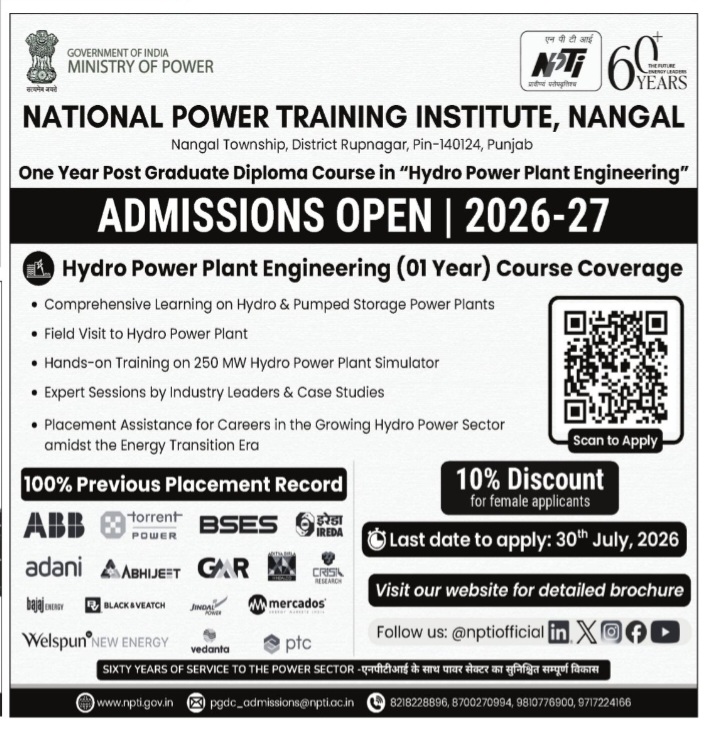 Admissions Open – One Year Post Graduate Diploma in Hydro Power Plant Engineering (2026–27)