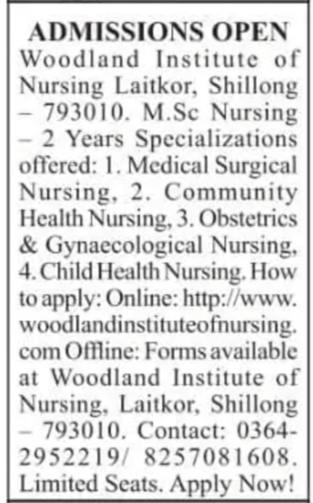 Admissions Open – Woodland Institute of Nursing, Shillong