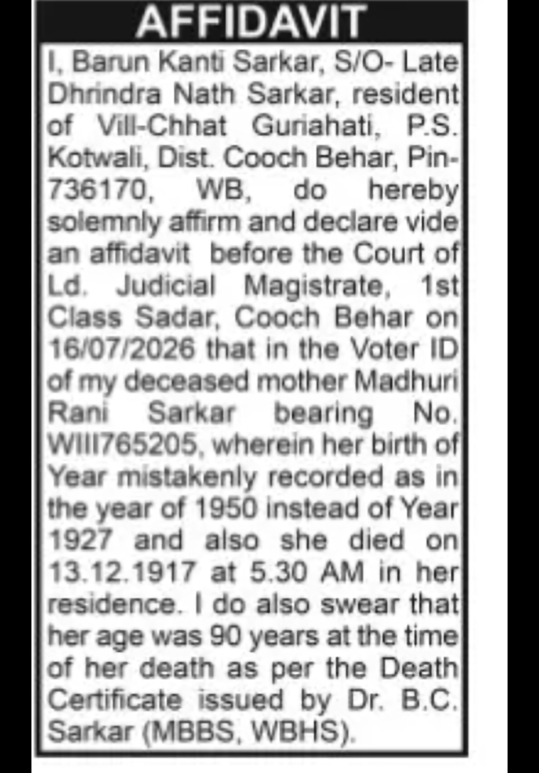 AFFIDAVIT / CORRECTION OF DECEASED MOTHER'S DETAILS Barun Kanti Sarkar