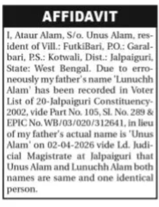 AFFIDAVIT – CORRECTION OF FATHER’S NAME IN VOTER LIST