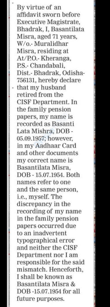 Affidavit – Correction of Name and Date of Birth in Family Pension Records Basantilata Misra