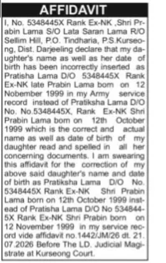 Affidavit for Correction of Daughter's Name and Date of Birth