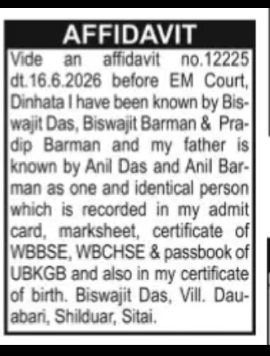 Affidavit – Identity & Father's Name Declaration Biswajit Das, Biswajit Barman, and Pradip Barman refer to one and the same person.