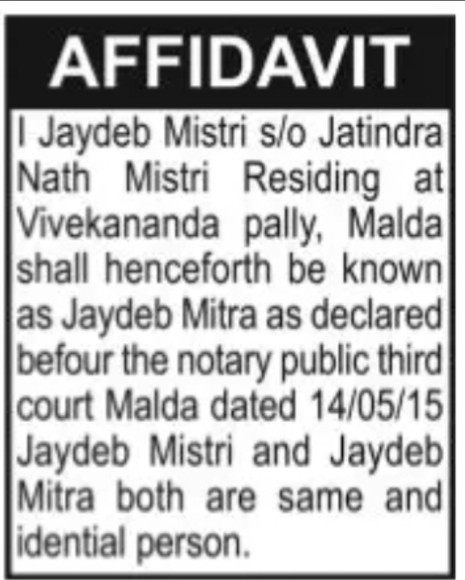 Affidavit – Jaydeb Mitra (Formerly Jaydeb Mistri)