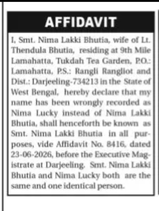 AFFIDAVIT – NAME CORRECTION DECLARATION (NIMA LAKKI BHUTIA)