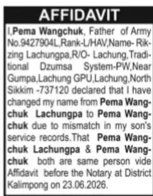AFFIDAVIT – NAME CORRECTION OF PEMA WANGCHUK