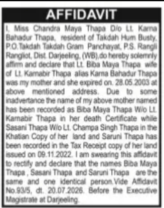AFFIDAVIT – NAME IDENTITY DECLARATION Ms. Chandra Maya Thapa