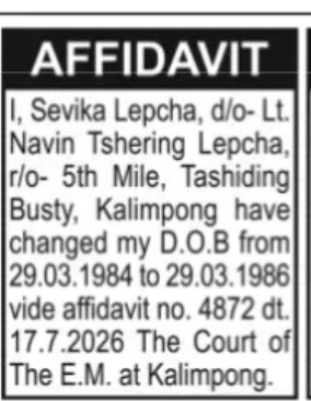Affidavit Notice – Date of Birth Correction of Sevika Lepcha