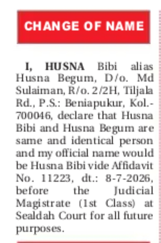Affidavit Notice – Identity and Name Declaration of Husna Bibi