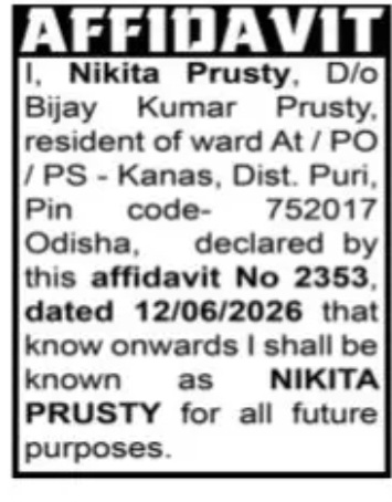 Affidavit Notice – Name Declaration of Nikita Prusty