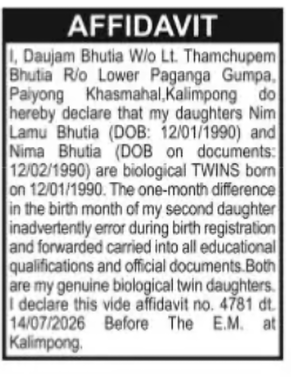 Affidavit Regarding Twin Daughters – Nima Bhutia & Nim Lamu Bhutia