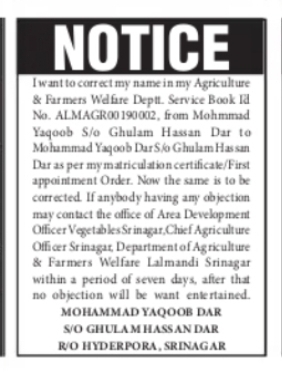 Agriculture Department Service Book Correction Mohmmad Yaqoob S/o Ghulam Hassan Dar to Mohammad Yaqoob Dar S/o Ghulam Hassan Dar