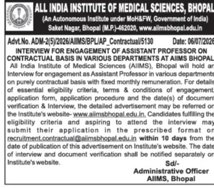AIIMS Bhopal – Assistant Professor (Contractual) Interview 2026