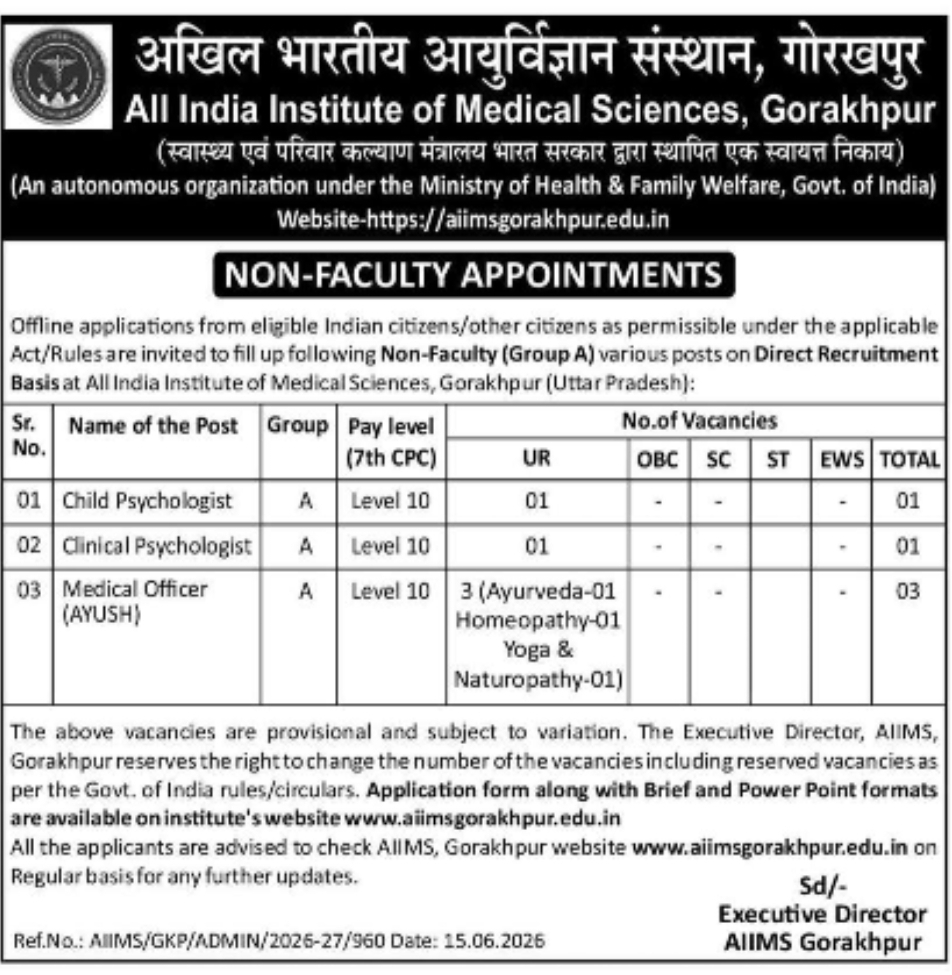 AIIMS Gorakhpur Recruitment 2026 – Non-Faculty Group A Posts
