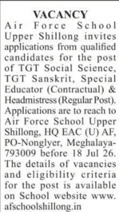 Air Force School Upper Shillong Recruitment 2026