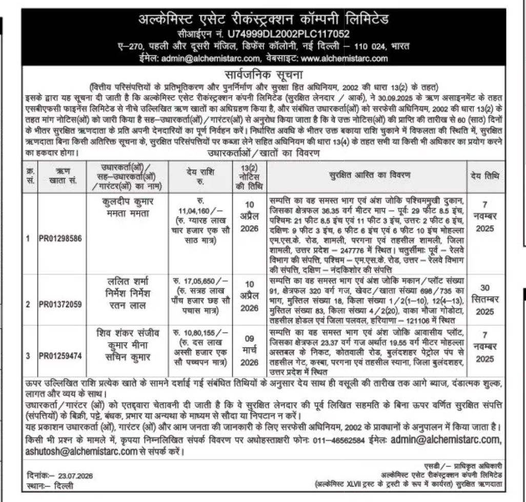 Alchemist Asset Reconstruction Company Ltd. – SARFAESI Public Notice for Loan Accounts