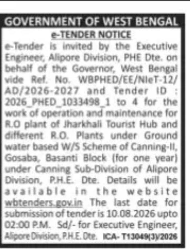 Alipore Division PHED Invites Tender for Operation and Maintenance of RO Plants