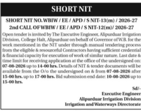 Alipurduar Irrigation Division Invites Manual Tenders
