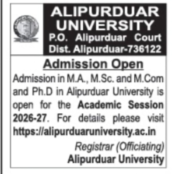 Alipurduar University Admissions 2026-27 Open