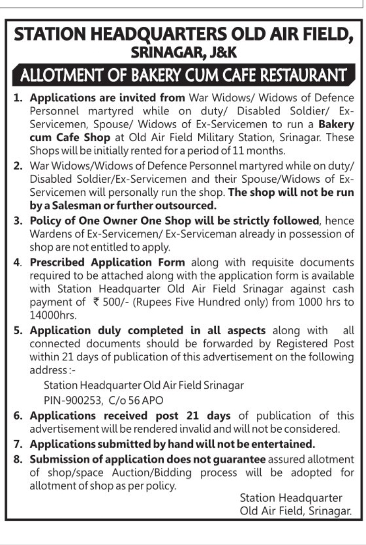 Allotment of Bakery Cum Cafe Restaurant – Old Air Field, Srinagar