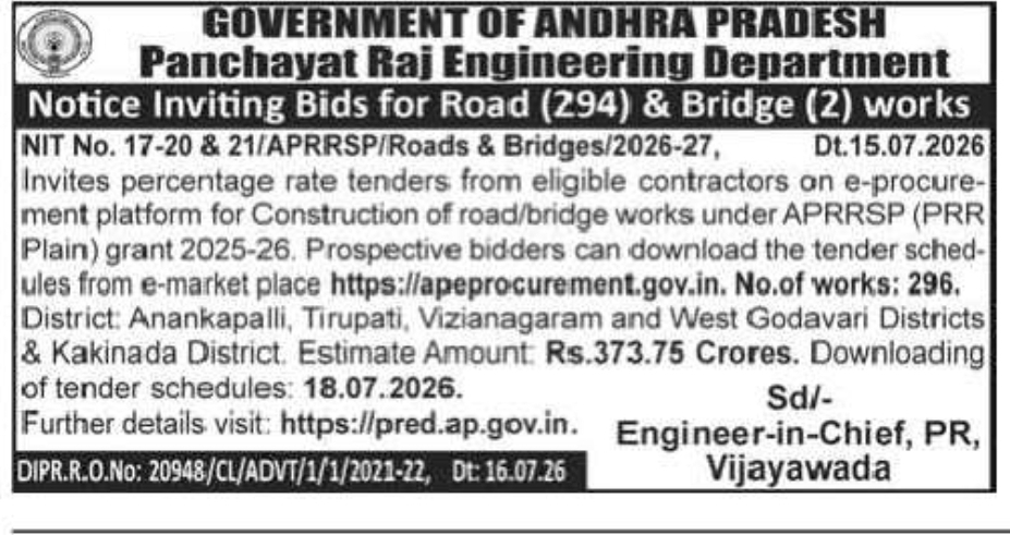 Andhra Pradesh PR Engineering Department Invites Bids for 296 Road & Bridge Works