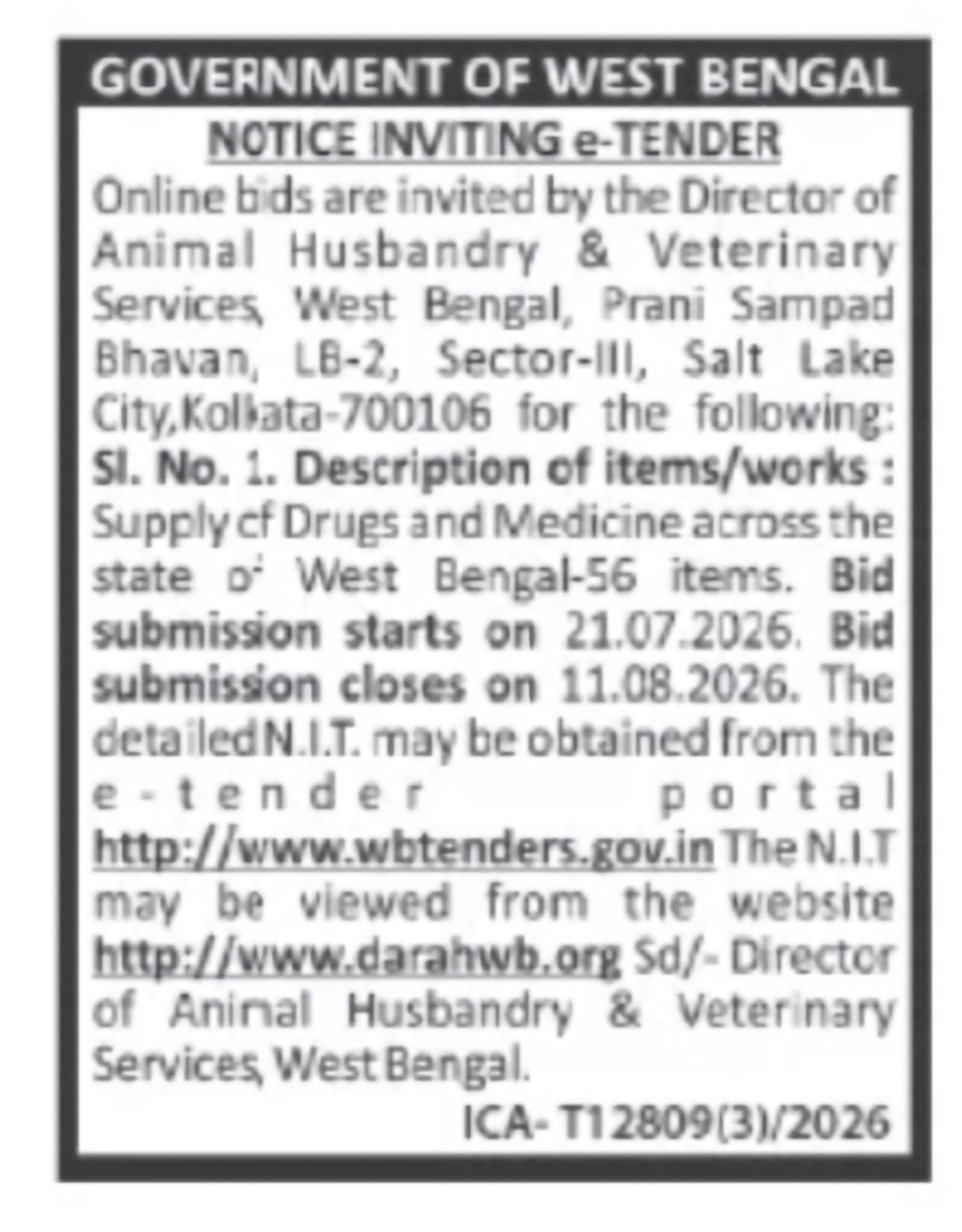 Animal Husbandry & Veterinary Services Tender – Supply of Medicines