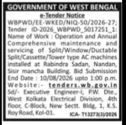 Annual Maintenance of AC Machines at Rabindra Sadan, Nandan & Sisir Mancha, Kolkata