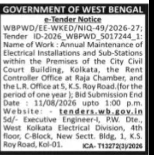 Annual Maintenance of Electrical Installations and Sub-Stations, Kolkata