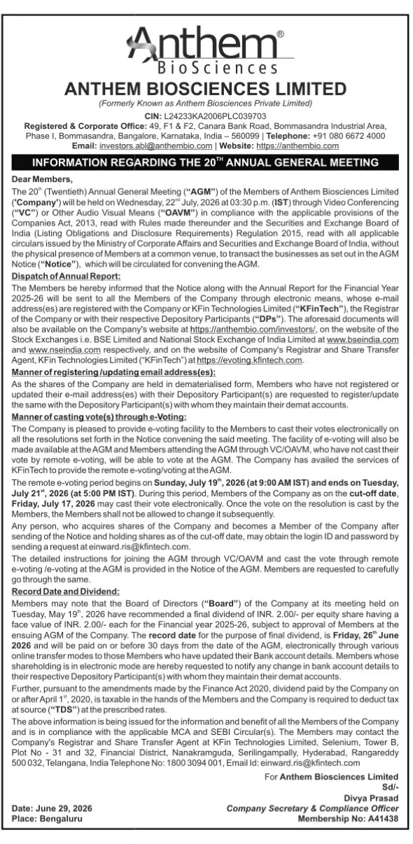ANTHEM BIOSCIENCES LIMITED – 20th Annual General Meeting, E-Voting & Dividend Information