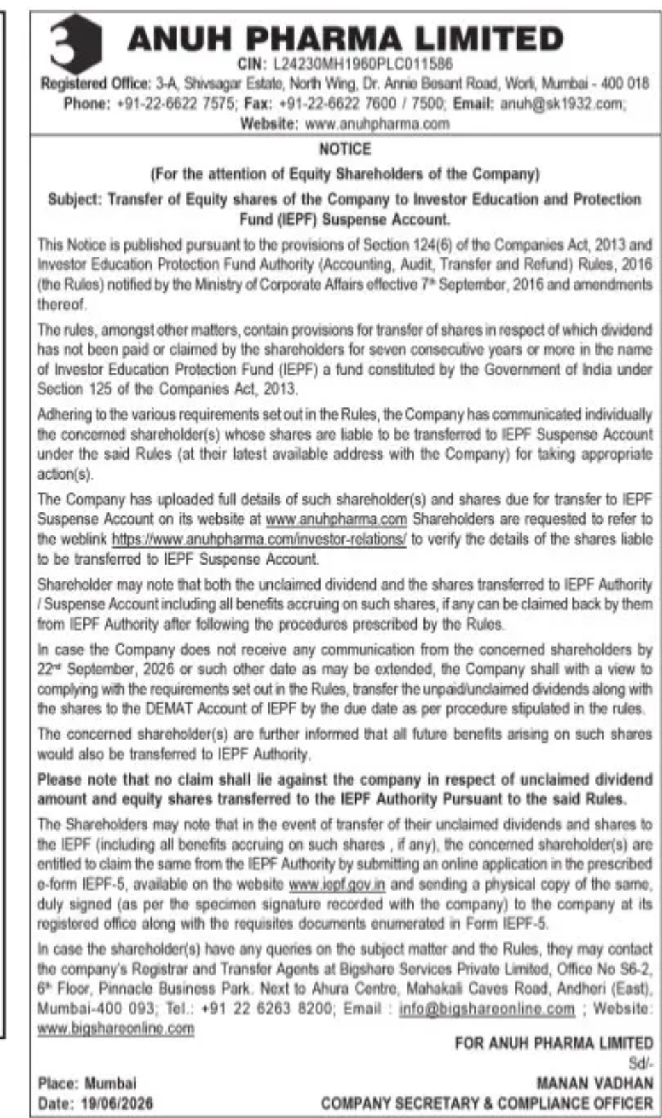 ANUH PHARMA LIMITED – NOTICE TO SHAREHOLDERS (IEPF TRANSFER)