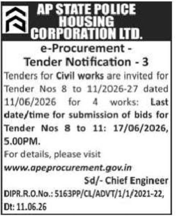 AP State Police Housing Corporation Ltd – e-Procurement Tender Notification for Civil Works (Tender Nos. 8 to 11/2026-27)