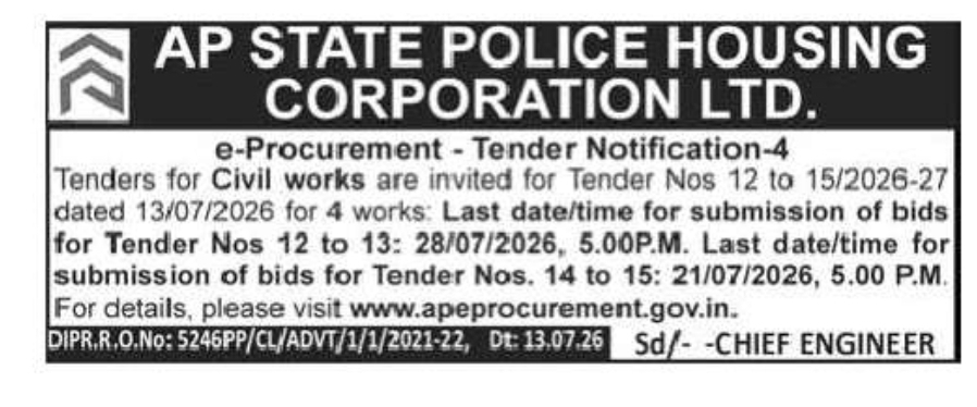 AP State Police Housing Corporation Ltd. – e-Procurement Tender Notification