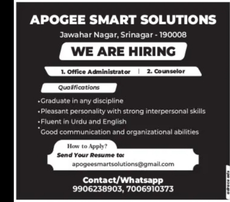 Apogee Smart Solutions Hiring Counselors & Office Administrator – Srinagar
