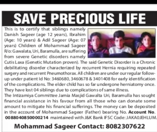 Appeal for Financial Assistance – Children with Genetic Disorder