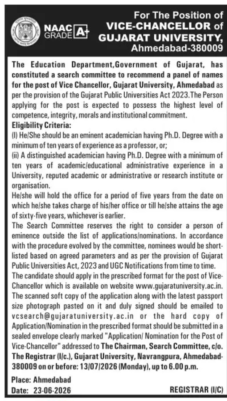 Applications Invited for the Post of Vice-Chancellor, Gujarat University
