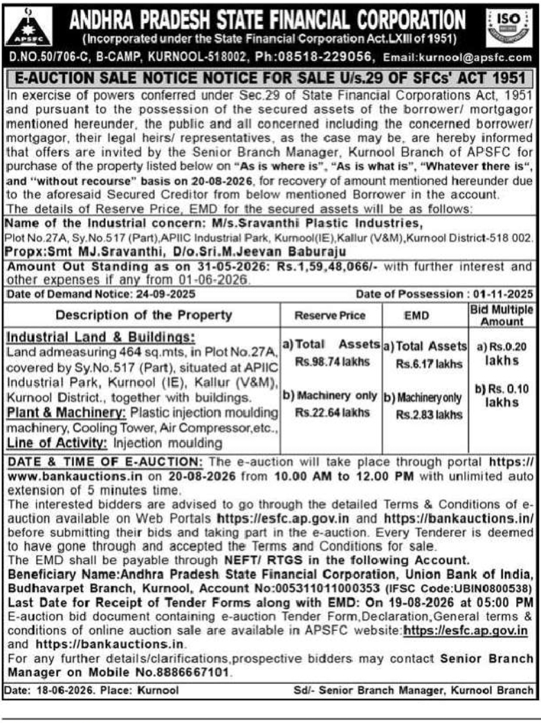 APSFC Kurnool Branch E-Auction Sale Notice