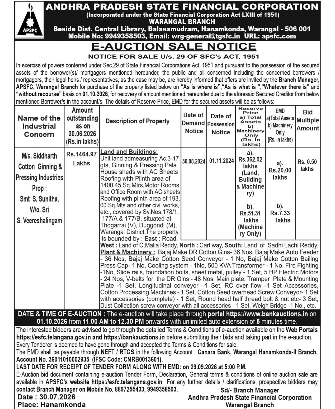 APSFC Warangal Branch – E-Auction Sale Notice (Industrial Property & Machinery)