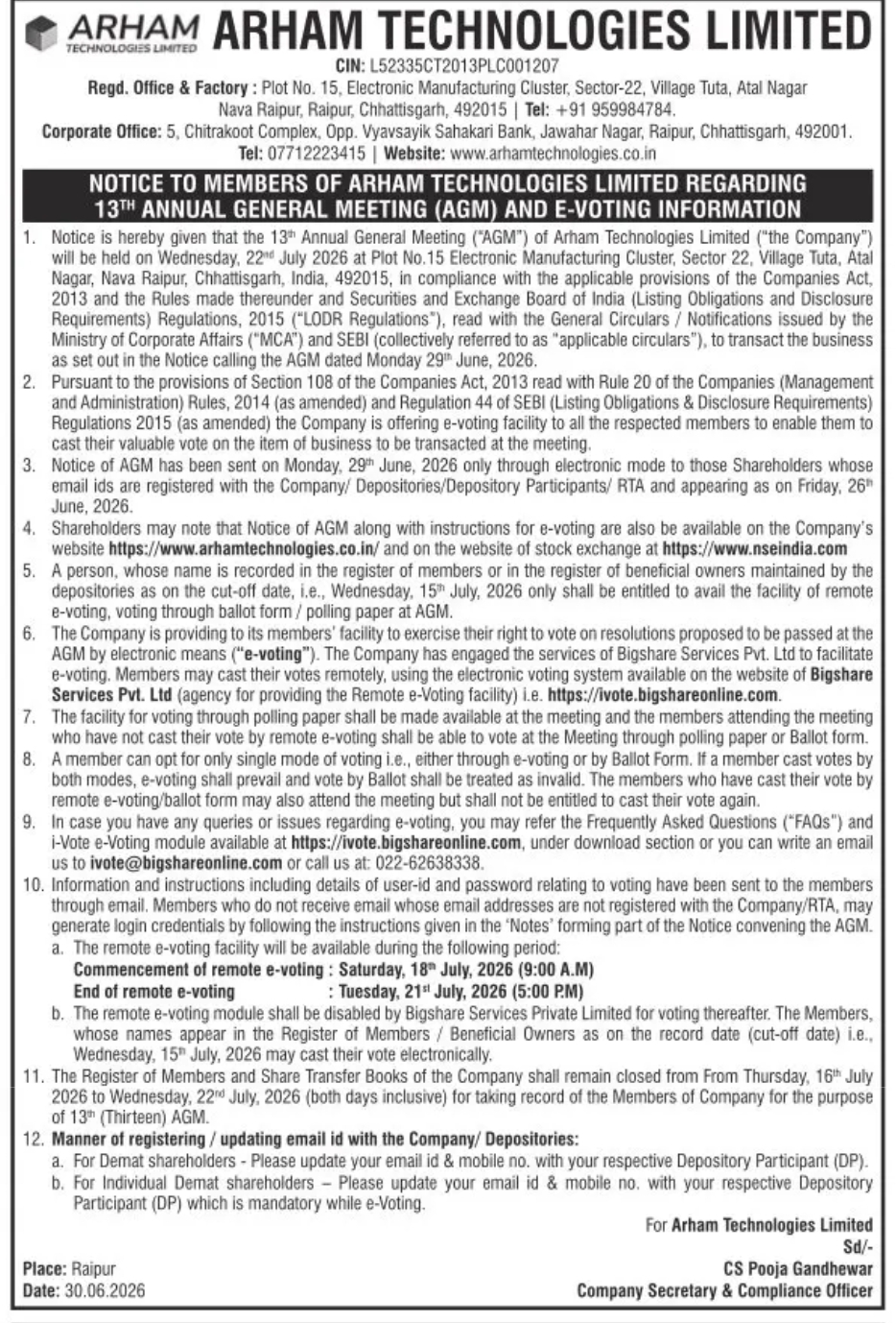 ARHAM Technologies Limited – 13th Annual General Meeting (AGM) & E-Voting Notice