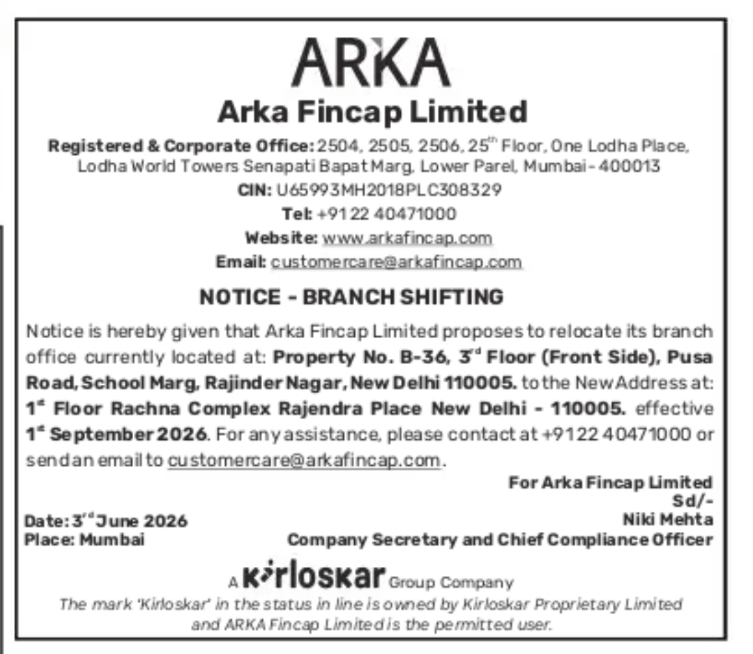 Arka Fincap Limited – Branch Office Relocation Notice