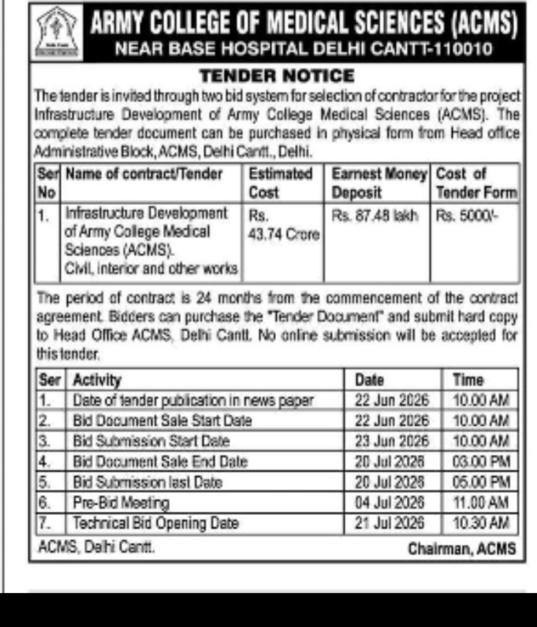 Army College of Medical Sciences (ACMS) Tender Notice