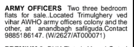 Army Officers Flats for Sale at Trimulgherry & Anandbagh Safilguda.