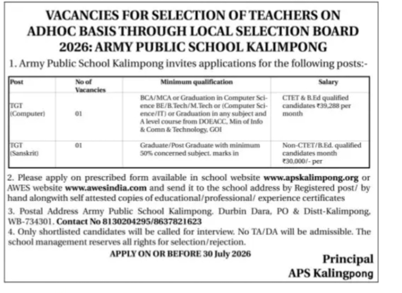 Army Public School Kalimpong Recruitment 2026