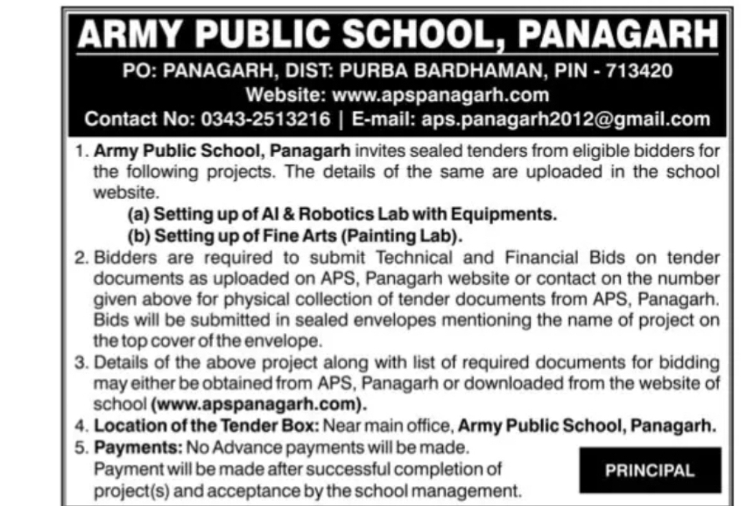 Army Public School Panagarh Invites Bids for AI & Robotics Lab and Fine Arts Lab