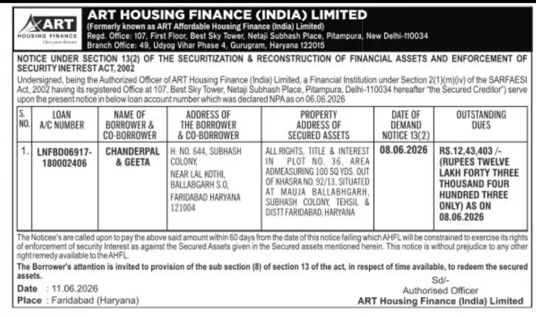 ART Housing Finance (India) Limited – SARFAESI Demand Notice