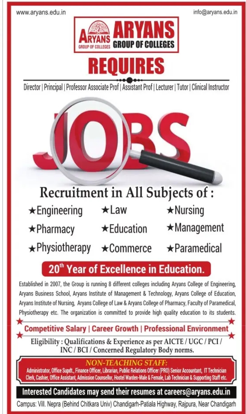 Aryans Group of Colleges – Recruitment Notification