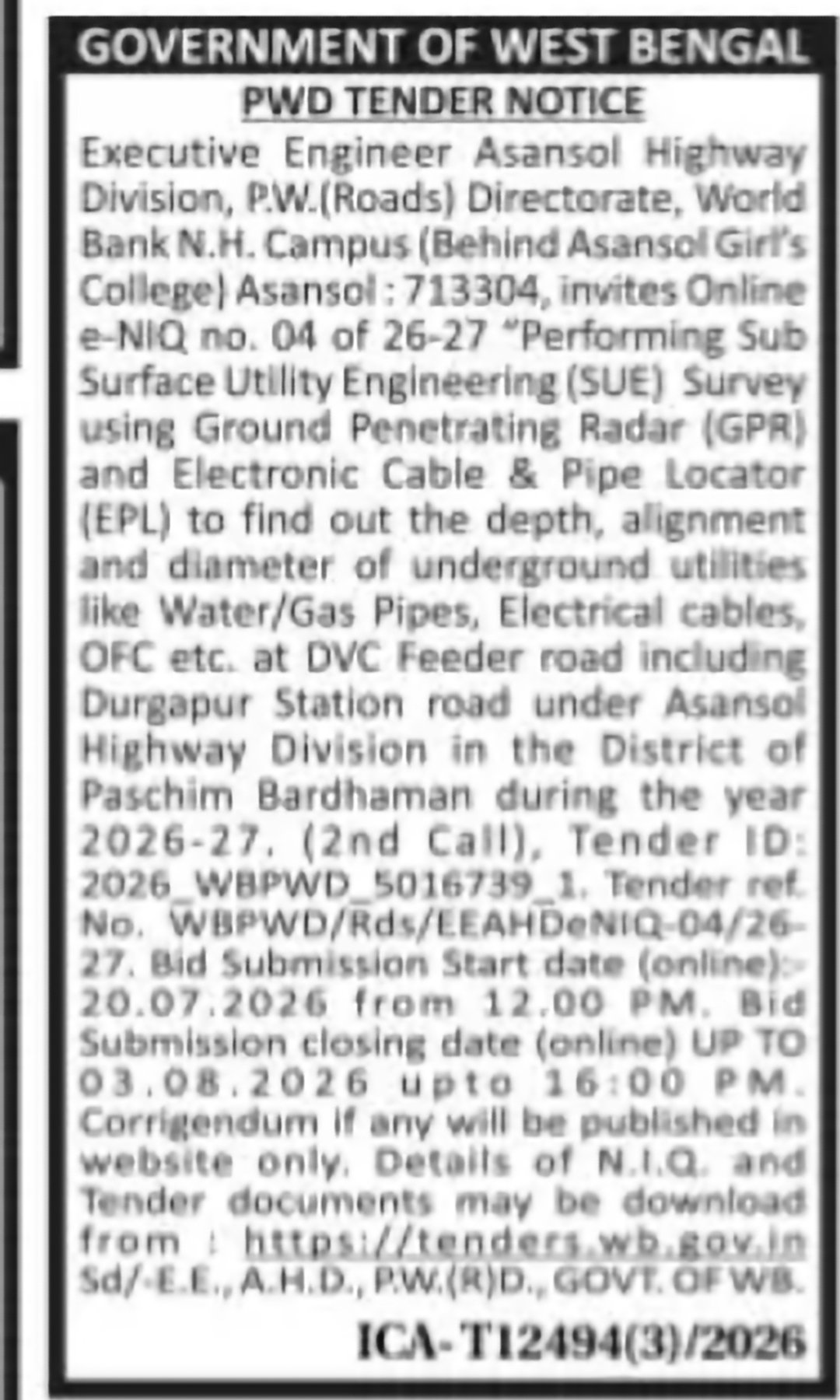 Asansol Highway Division SUE Survey Tender