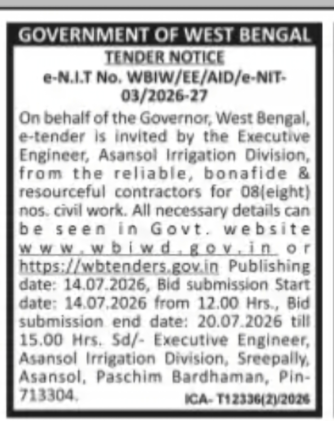Asansol Irrigation Division Invites Bids for Civil Works