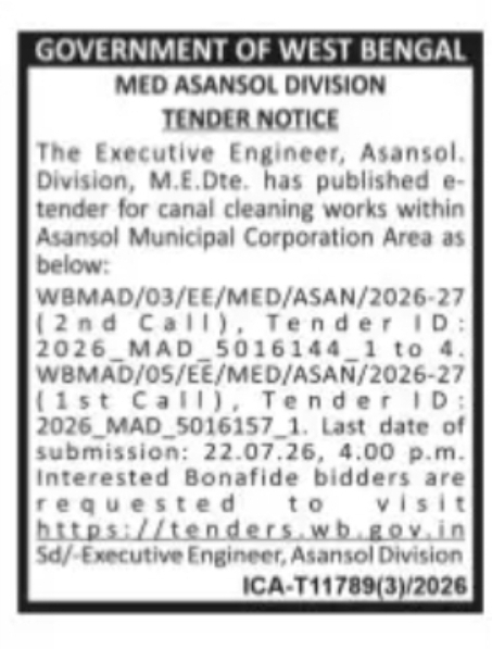 Asansol Municipal Area Canal Cleaning Work E-Tender Notice