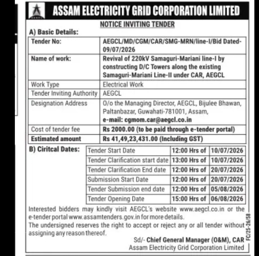 Assam Electricity Grid Corporation Invites Tender for 220kV Samaguri–Mariani Line Revival