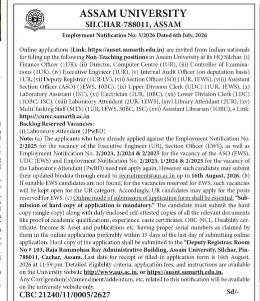Assam University Recruitment 2026 – Multiple Non-Teaching Vacancies